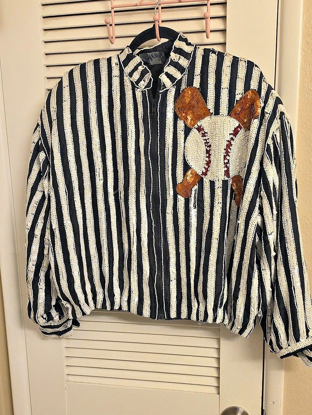 MODI Denim Striped Sequin Applique Bomber Jacket